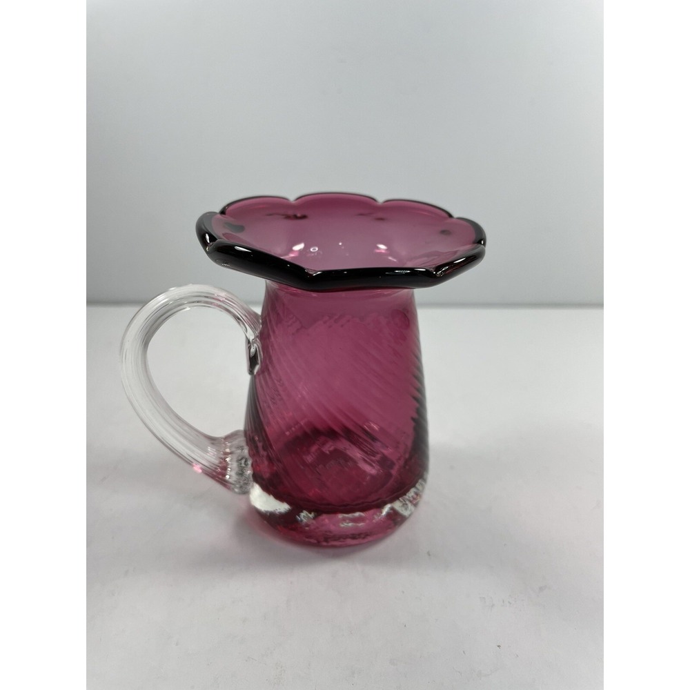 Pilgrim Style Cranberry Glass Ruffled Rim Small Pitcher Vase Clear Handle 996B